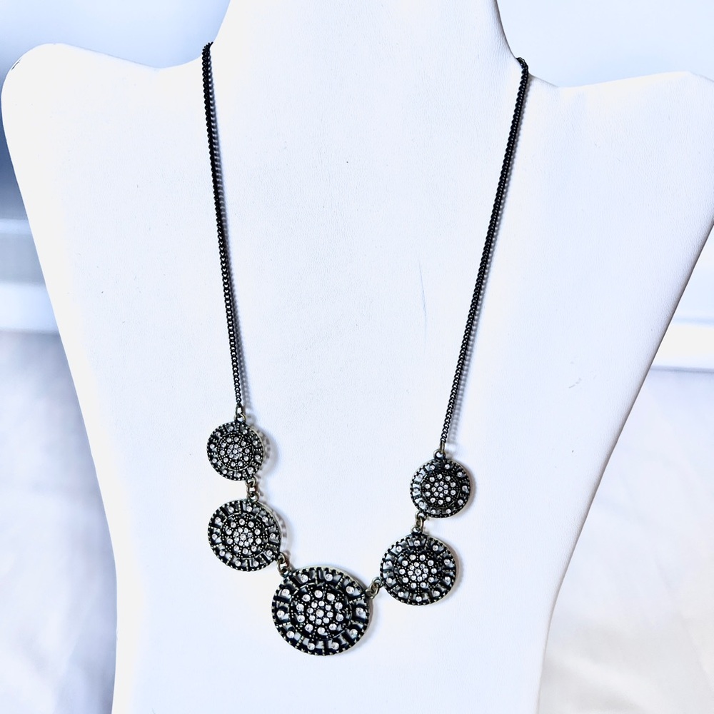 Vintage Boho Bronze Rhinestone Medallion Bib Necklace gunmetal chain nWOT
